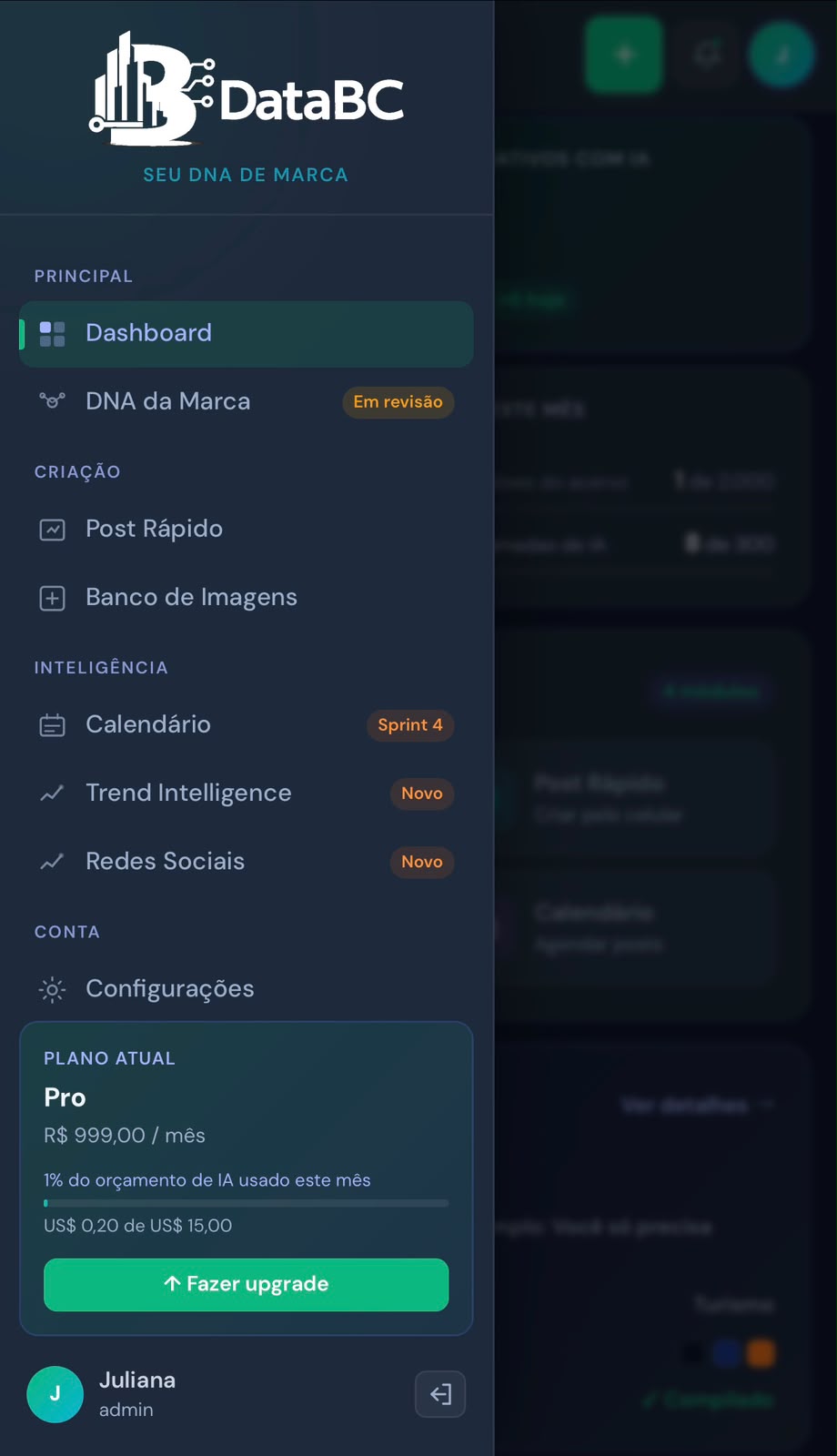 Dashboard mobile real do DataBC Branding com menu aberto